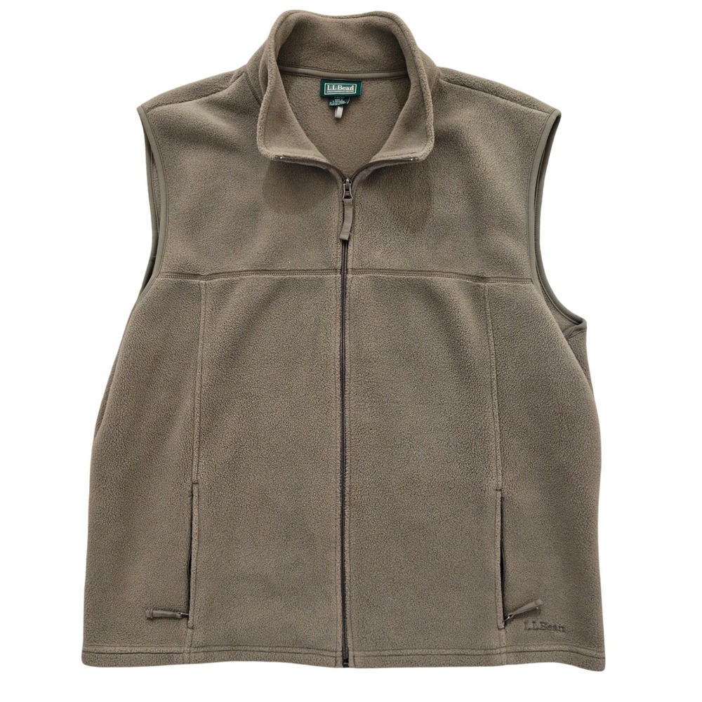 LL Bean Mens Fleece Vest XL Olive Green Full Zip Mock Neck Pockets ALA7